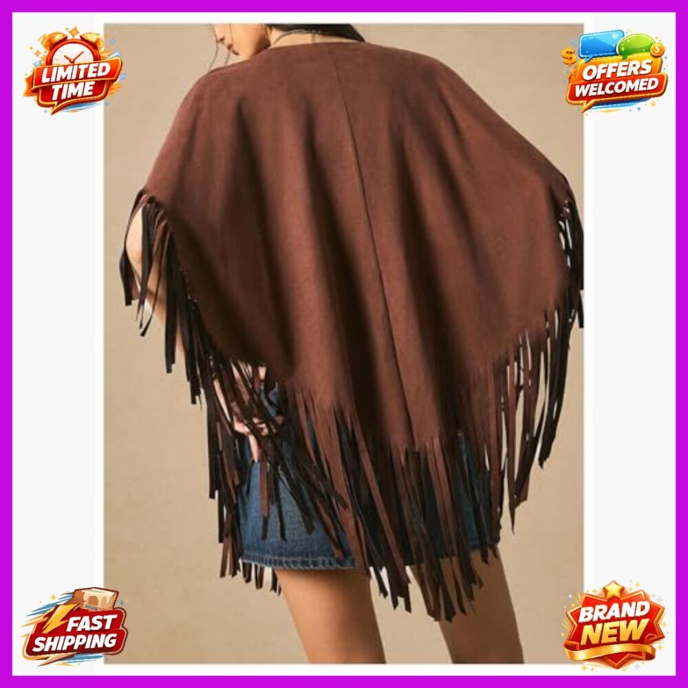 Faux Suede Cape Coat with Fringe Trim Half Sleeve Oversized Boho Outerwear - Picture 3 of 5